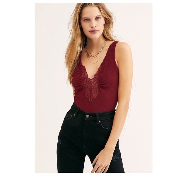 FREE PEOPLE BOHO LACE V-NECK BODYSUIT TOP A2C - Picture 3 of 15
